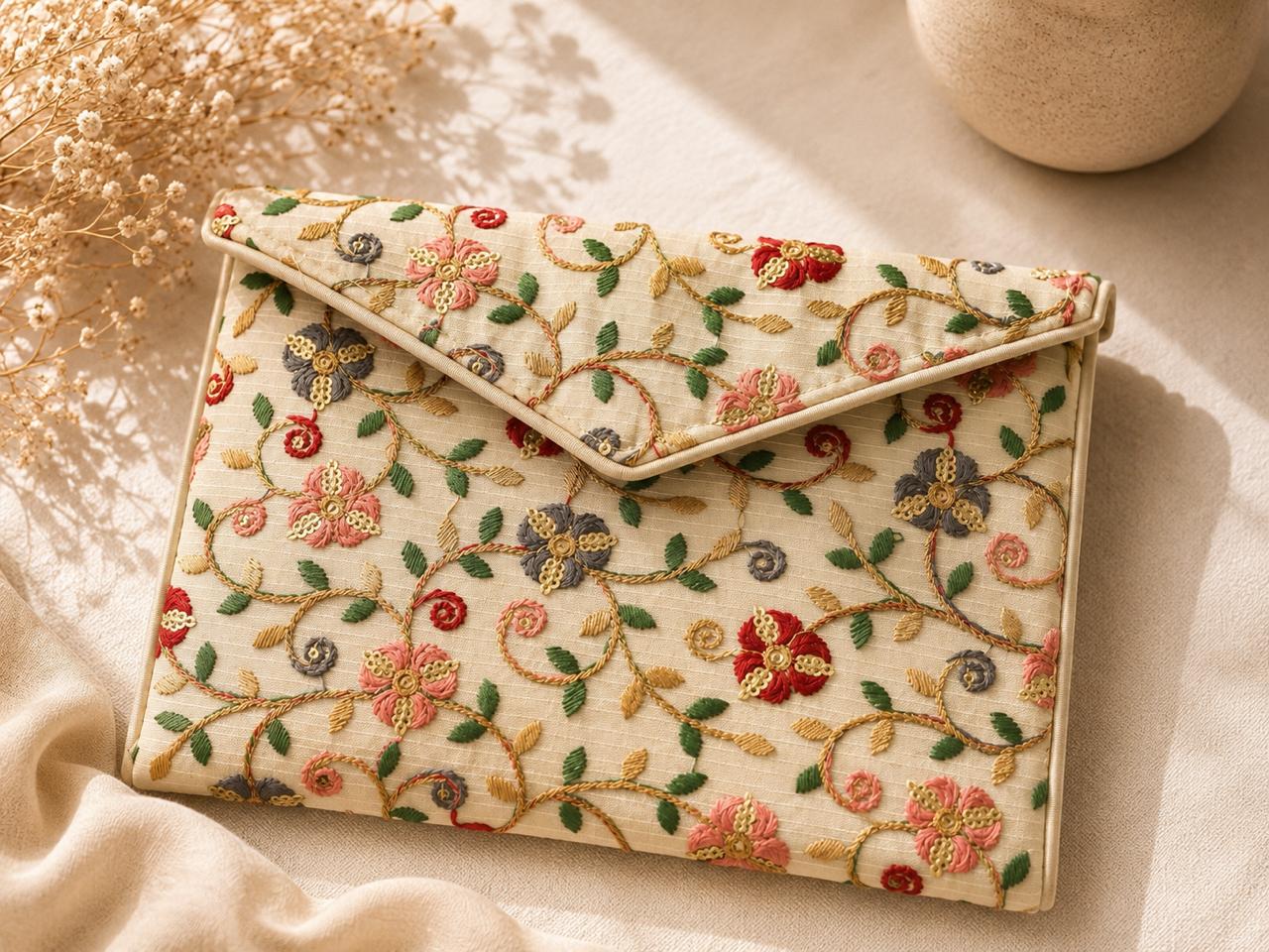 Ivory Garden Embroidered Clutch