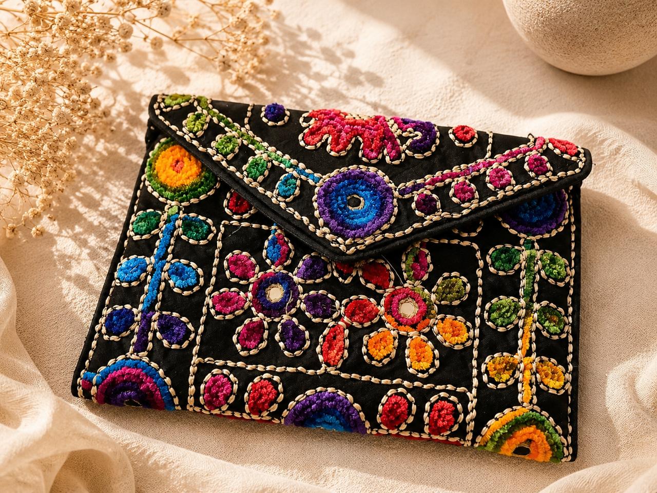 Midnight Bloom Embroidered Clutch