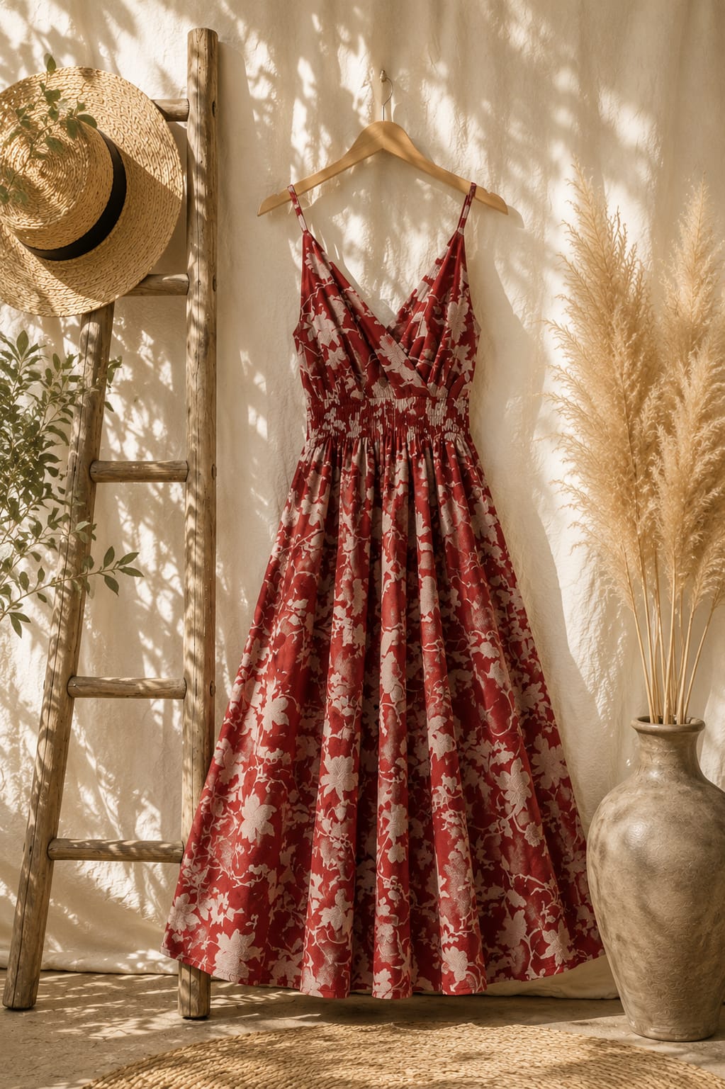 Crimson Floral Midi Dress