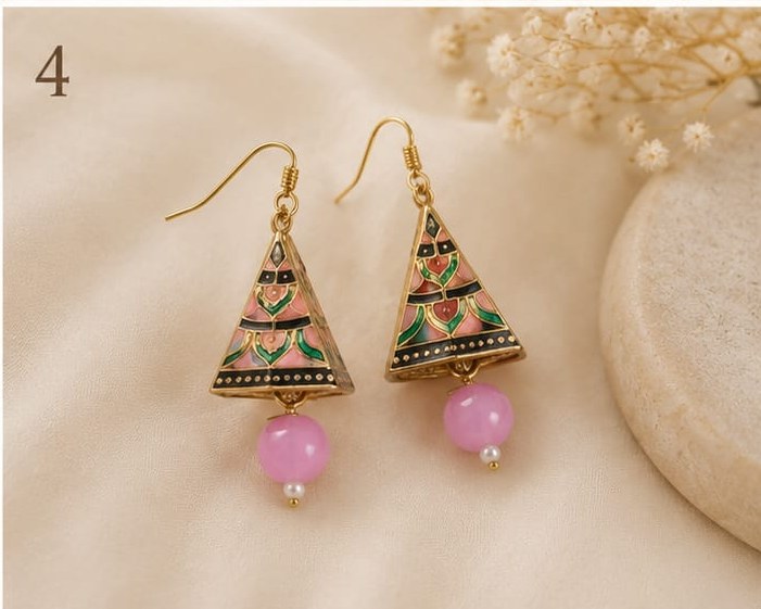 Pink Floral Meenakari Triangle Earrings