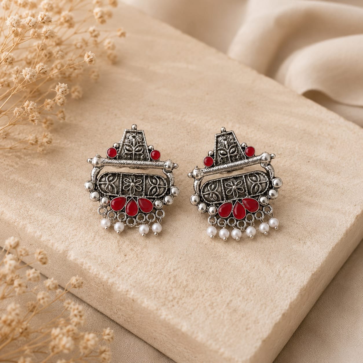 Ruby Pearl Oxidized Studs